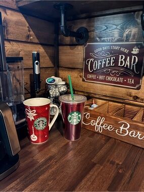 Starbucks Red Holiday Ceramic Mug & Maroon Tumbler with Green Straw